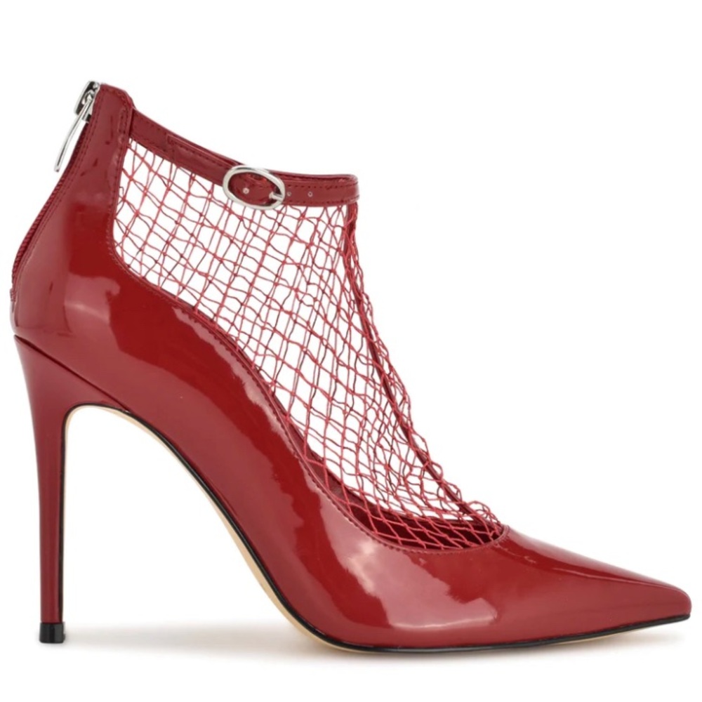 NWT Nine West Red Patent Leather Fishnet Pumps High Heel Back Zip Size 9.5
